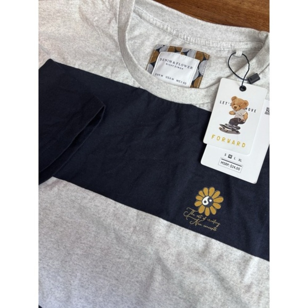 Denim & Flower Ricky Singh T-Shirt Men Medium Gray Black Striped Yin Yang Flower